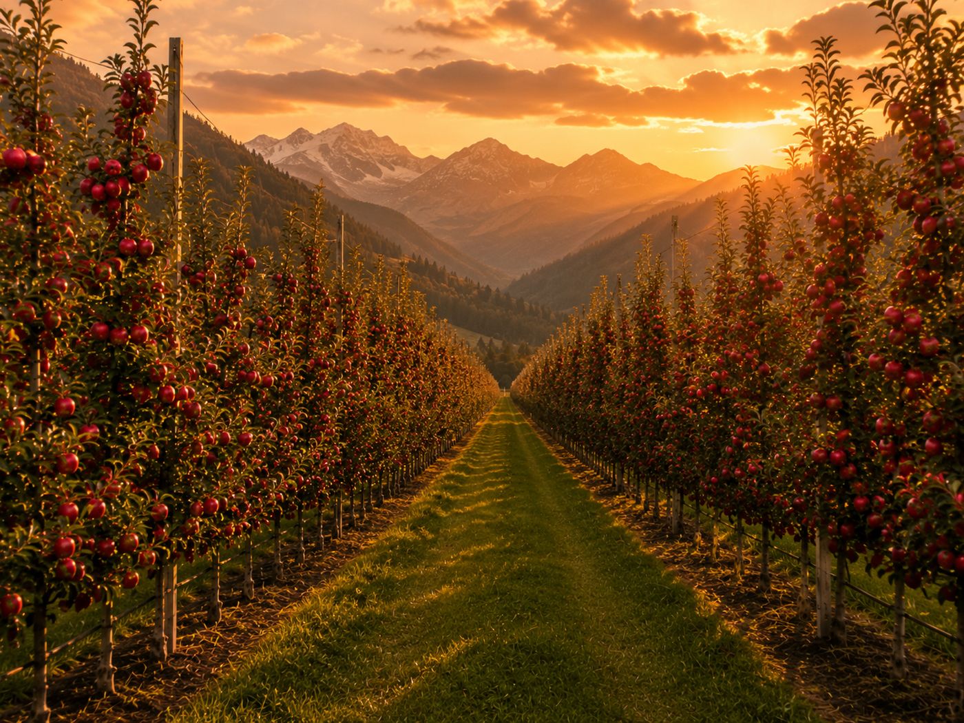 Concept illustration of a mature high-density apple orchard at sunset with mountains behind